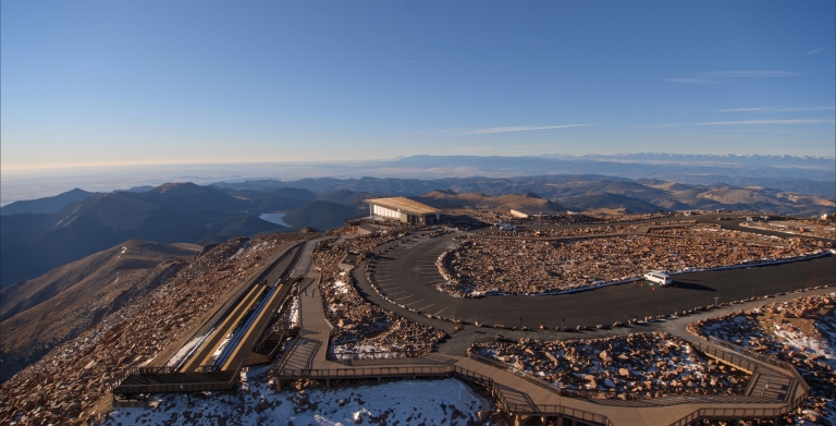 Aerial view of building on top of a mountain