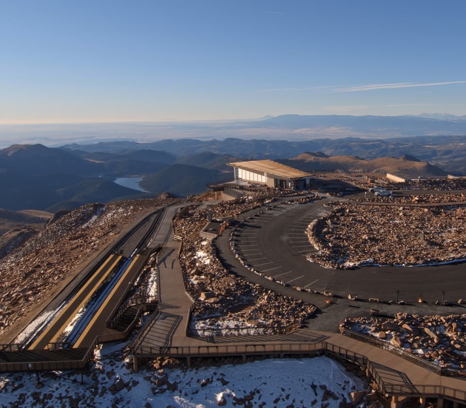Aerial view of building on top of a mountain