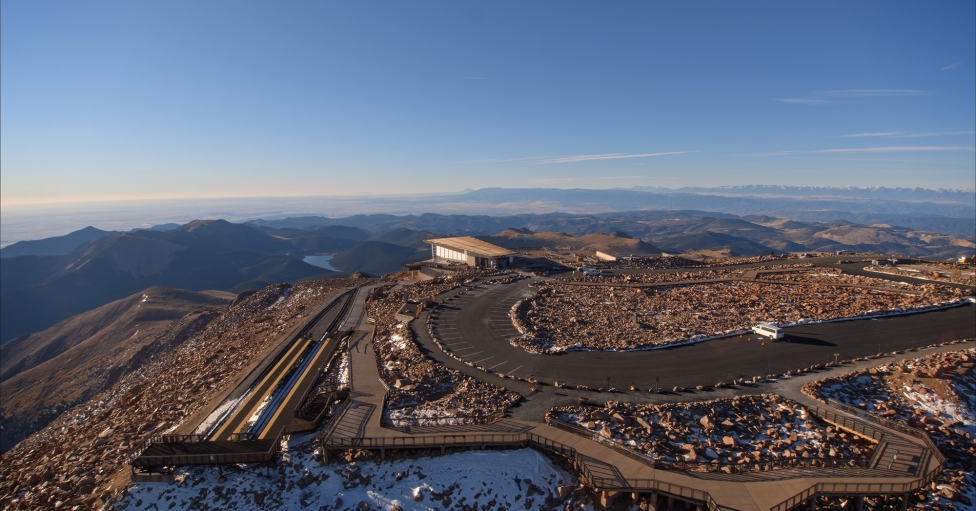 Aerial view of building on top of a mountain