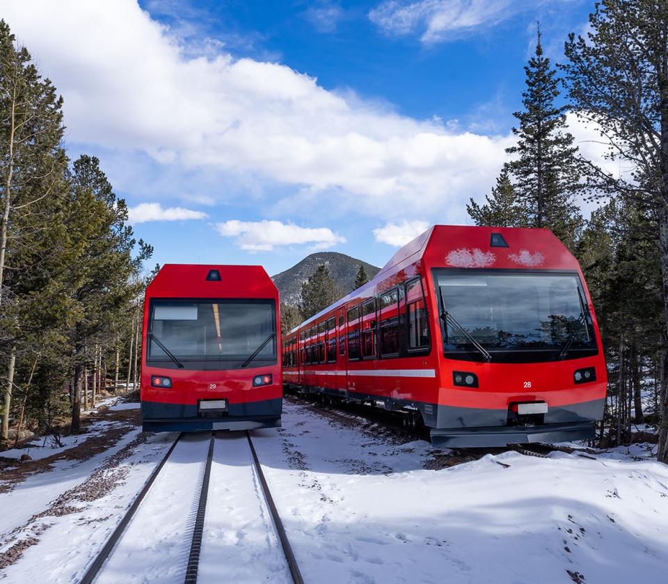 A Couple Of Red Trains On Tracks In The Snow